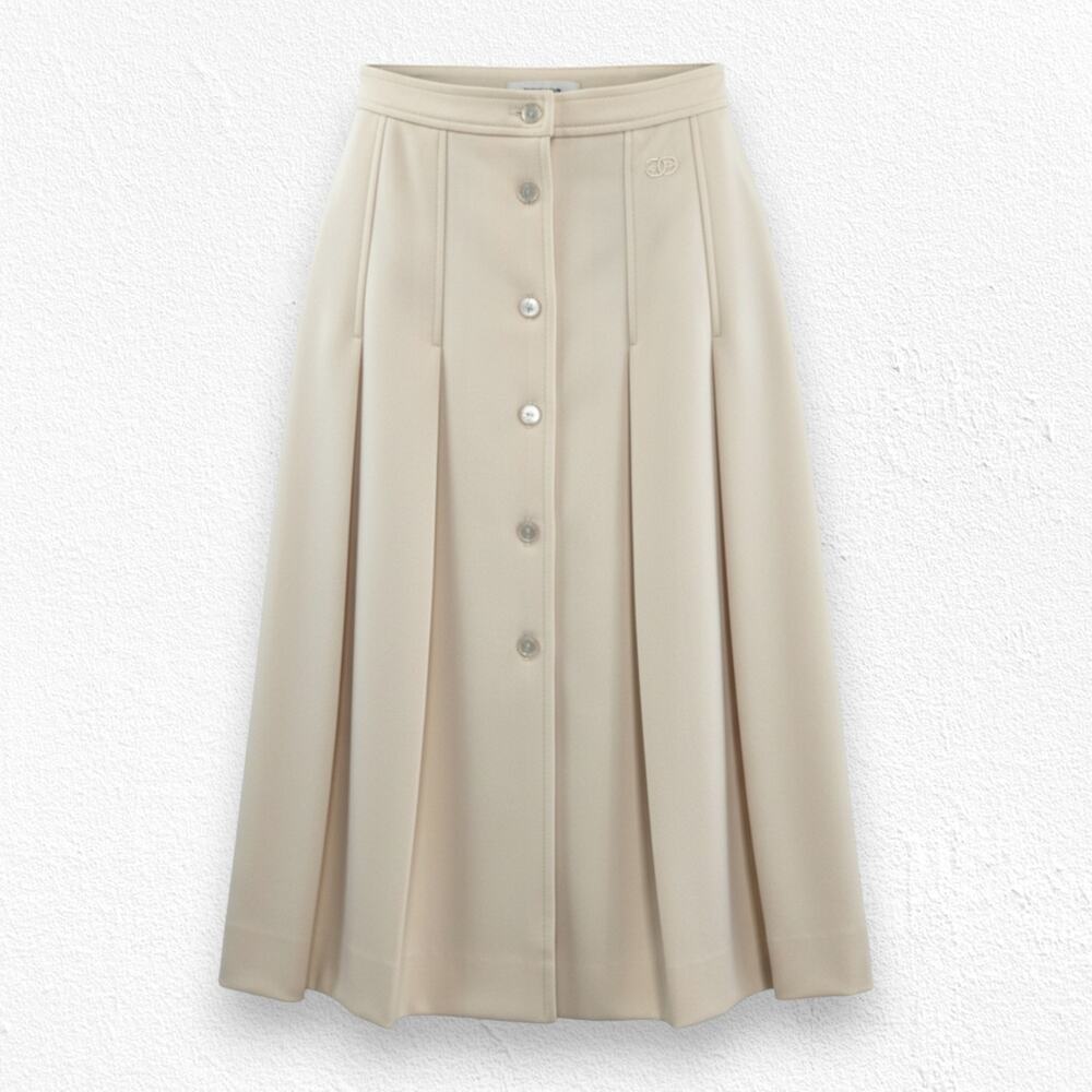 Vintage 70s Givenchy Paris Cream Pleated Button Front A-Line Midi Skirt Size 4